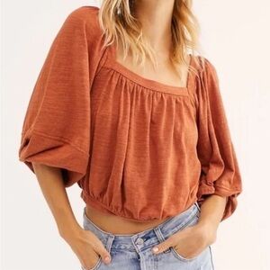 FREE PEOPLE Bubble Sleeve Crop Top Terracotta Orange Sz S Boho Fall Cropped